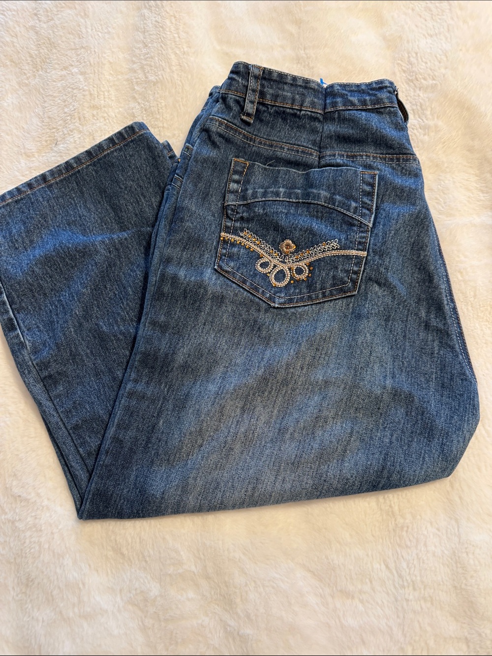 Y2K Cosmopolitan Blue Straight Leg Jeans with Embellished Back Pocket